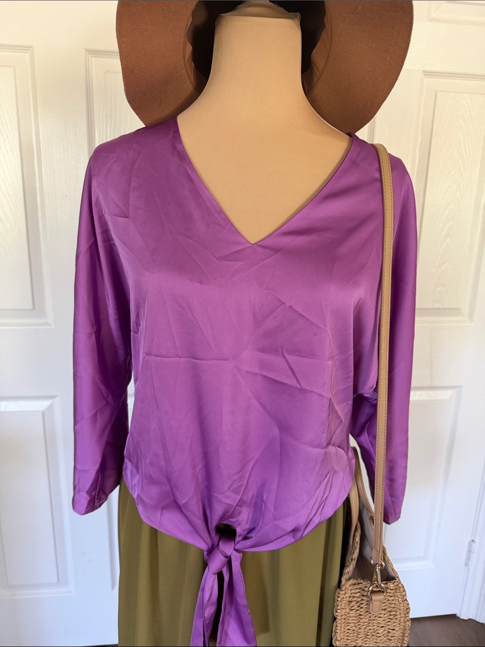 Boston Proper Purple V-Neck Tie-Front Blouse